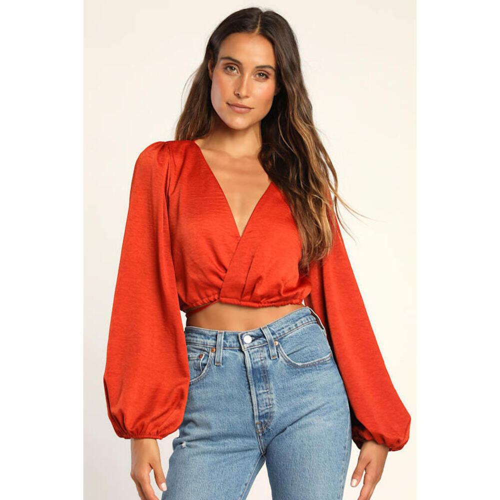 Lulus Chic Confessions Brick Red Satin Long Sleeve Wrap Crop Top - Size L